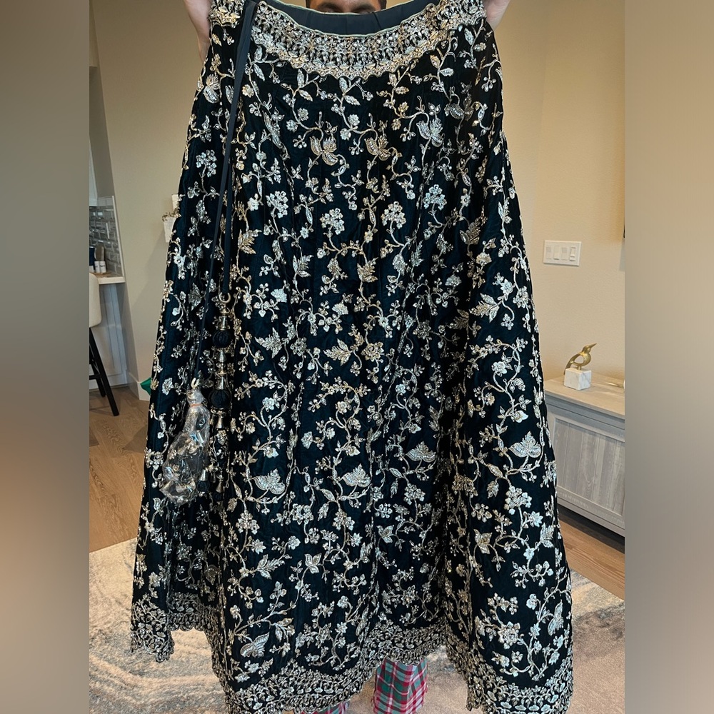 Heavy velvet navy blue bridal lengha w/ silk embroidery work and zircon stones